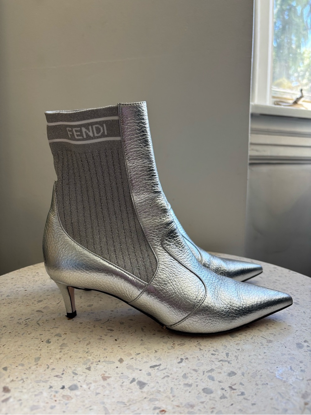 Fendi Silver Pointed Kitten Heel Sock Boots
